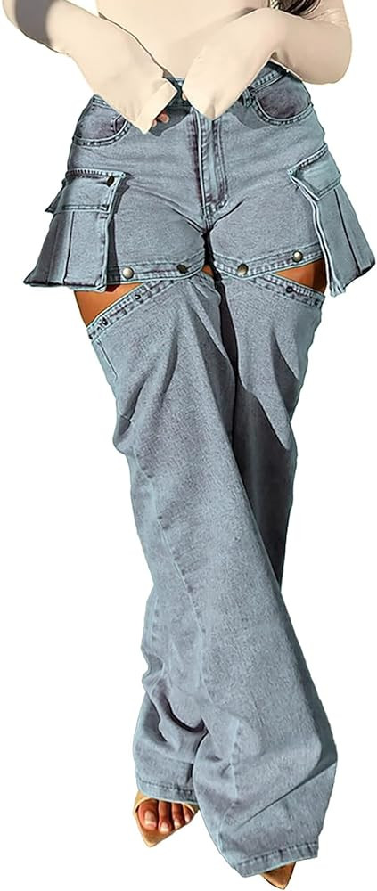 Cargo Jeans for Women Y2K High Waisted Baggy Jeans Straight Wide Leg Cargo Pants Streetwear | Amazon (US)