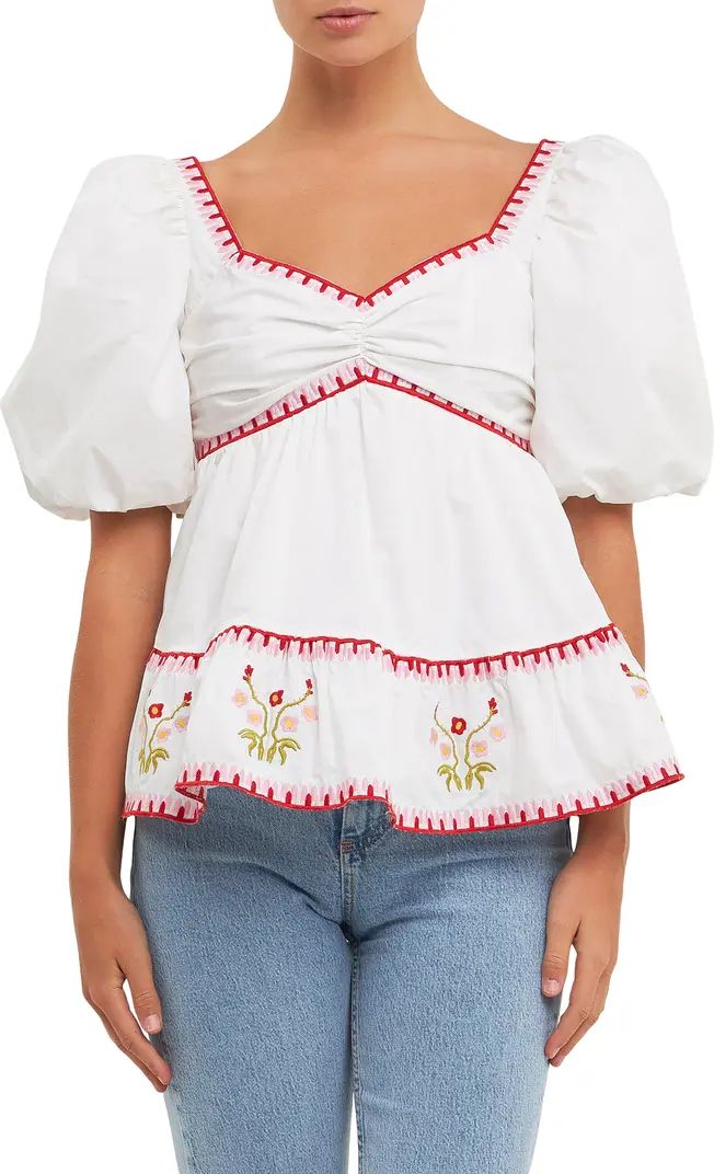 English Factory Embroidered Puff Sleeve Peplum Cotton Top | Nordstrom | Nordstrom