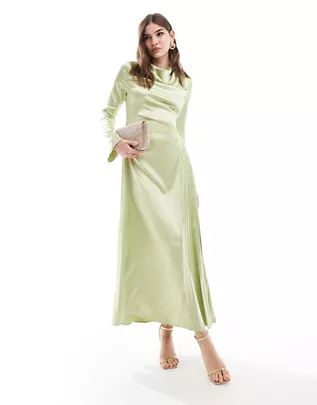 ASOS DESIGN satin pleat detail maxi dress in pistachio | ASOS (Global)