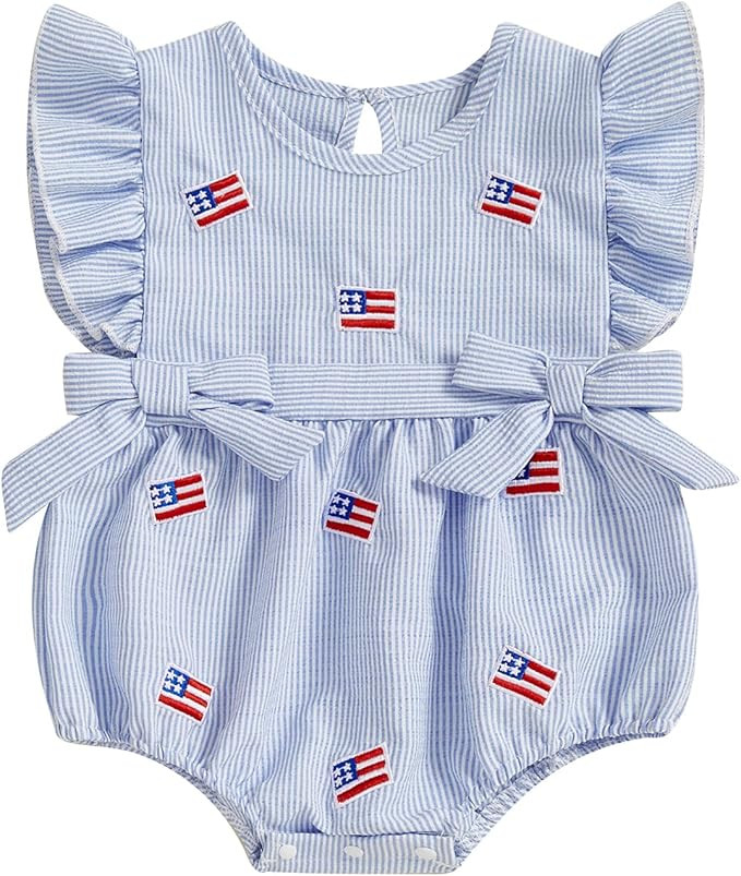 Newborn Baby Girl 4th Of July Outfit American Flag Heart Fly Sleeve Smocked Romper Infant Bodysui... | Amazon (US)