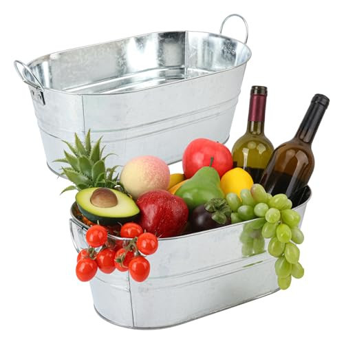 Biugaaufai 2 Pack Silvery Metal Ice Bucket with Handle, 3 Gallon Large Galvanized Bucket, Oval Beverage Tub, Wine Beer Drink Buckets, Drink Holder for Party, Cocktail Bar, Holiday, Party, Wedding | Amazon (US)