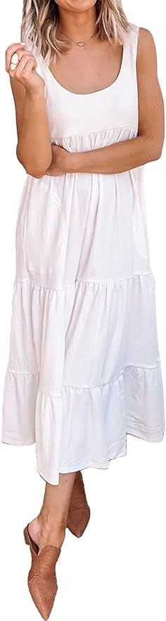 BTFBM Women Sleeveless Scoop Neck Casual Dresses Loose Soft Pleated Flowy Swing Summer Beach Maxi... | Amazon (US)