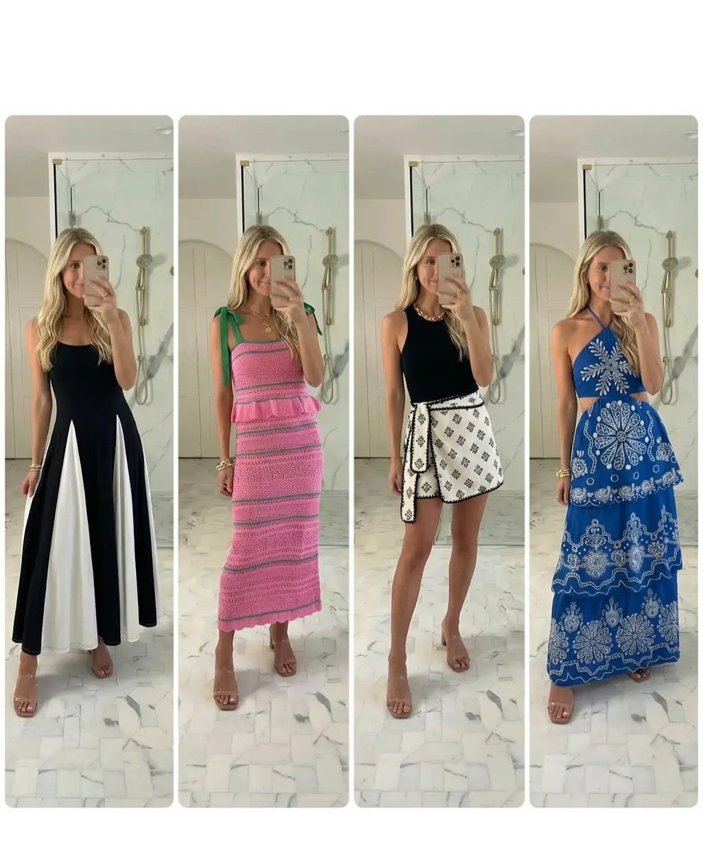 A clean, bright bathroom mirror selfie collage featuring four chic summer outfits worn by the same woman. Neutral marble tile floor and soft natural light. Outfit 1: black sleeveless maxi dress with a bold white center panel, minimal gold jewelry, nude sandals. Outfit 2: pink and green crochet knit midi dress with ribbon shoulder ties, feminine and playful. Outfit 3: black sleeveless top paired with high-waisted white shorts with black embroidered pattern and wrap tie, modern resort vibe. Outfit 4: blue and white halter-neck maxi dress with intricate paisley and floral motifs, coastal Mediterranean feel. Polished, effortless styling, cohesive aesthetic, editorial Pinterest layout, high resolution, fashion influencer look, no text.

Hashtags:
#summeroutfits #resortwear #vacationstyle #pinterestfashion #chicstyle #effortlessstyle #neutralstyle #coastalvibes #europeansummer #whatimwearing #ootdinspo #maxidress #summerdress #resortstyle #capsulewardrobe #elevatedcasual #styleinspo #fashioninspo #trendystyle #travelstyle

#LTKSeasonal #LTKGiftGuide #LTKActive