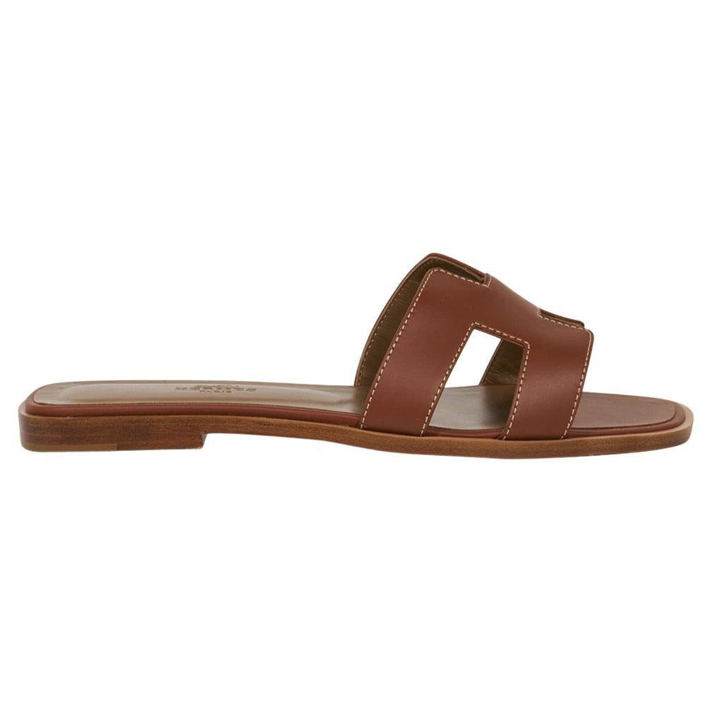 Hermes Sandal Flat Oran Gold Box Calfskin Shoes 37.5 / 7.5 | 1stDibs