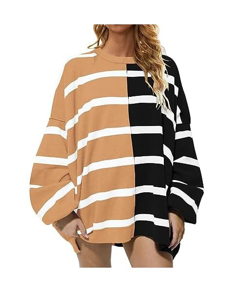 MEROKEETY Women's 2023 Striped Oversized Sweater Long Sleeve Color Block Casual Knit Pullover Top | Amazon (US)
