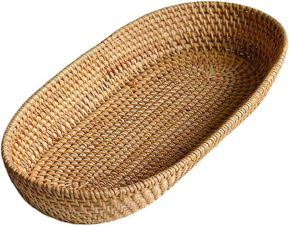 17 Inch Long Narrow Oval Serving Basket, Boho Handmade Rattan Bowl Basket with 2 Inch Side, Decor... | Amazon (US)