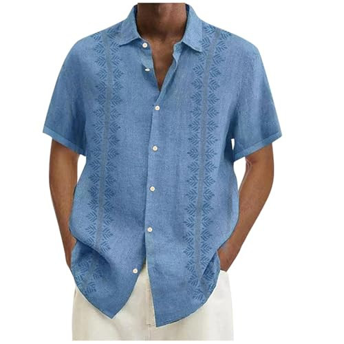 Button Up Short Sleeve Shirts for Men, Men's Down Shirt Casual Summer Beach Wedding Dress Clothes Linen Men Hombre Con Bordes Colores Camisa Lino Manga Corta (L, Sky Blue) | Amazon (US)