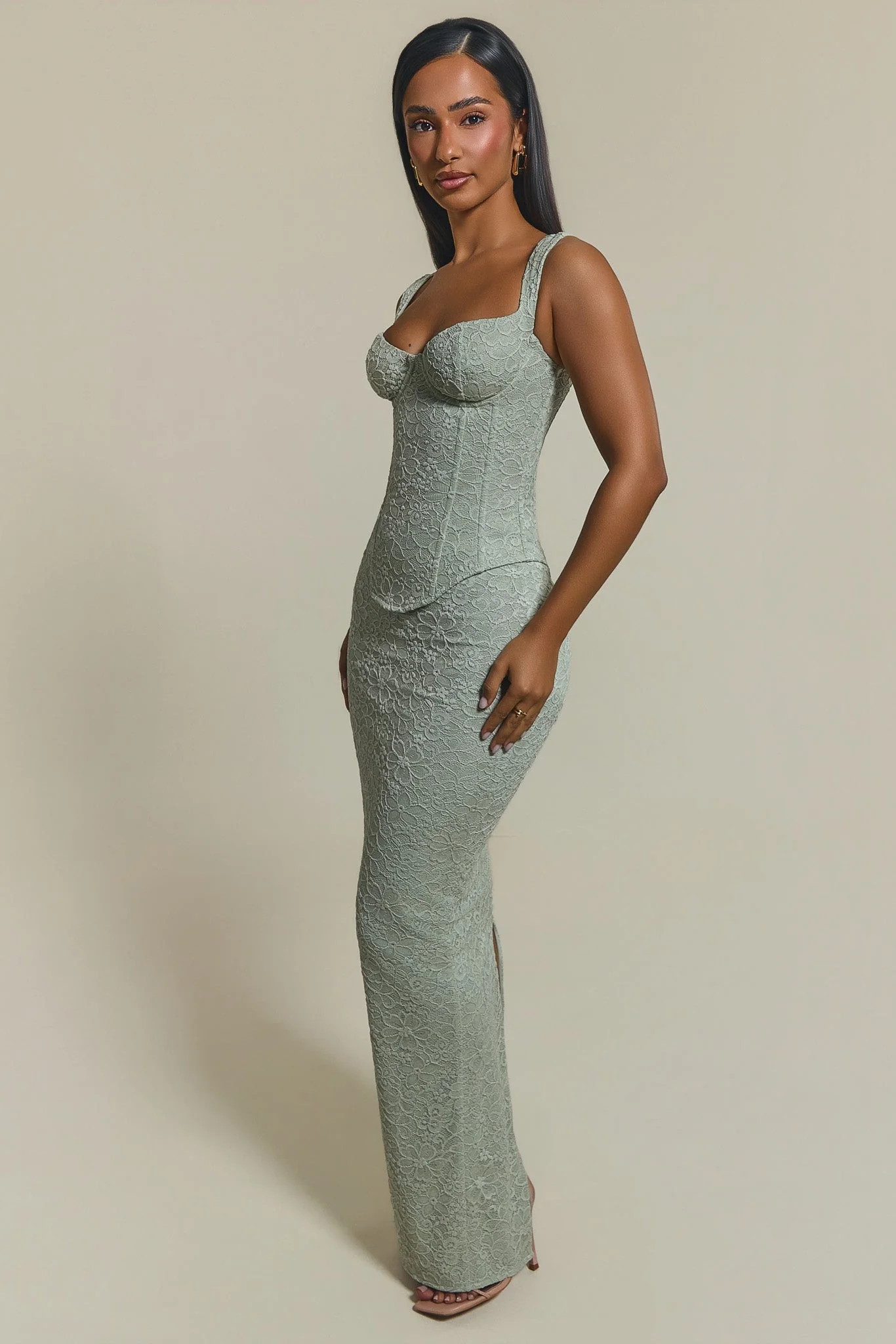 The Cinched Lace Corset Maxi Skirt Set in Sage Green | Mars The Label
