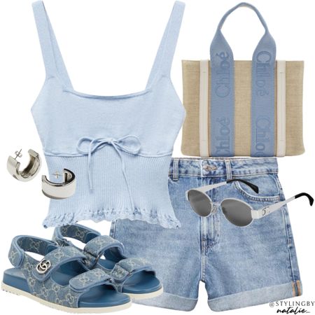 Blue knit crop top with bow, denim mom shorts, Gucci denim dad sandals, Chloe woody tote bag, silver hoop earrings & silver celine sunglasses.
Summer outfit, casual spring outfit, blue outfit.

#LTKstyletip #LTKsummer #LTKuk