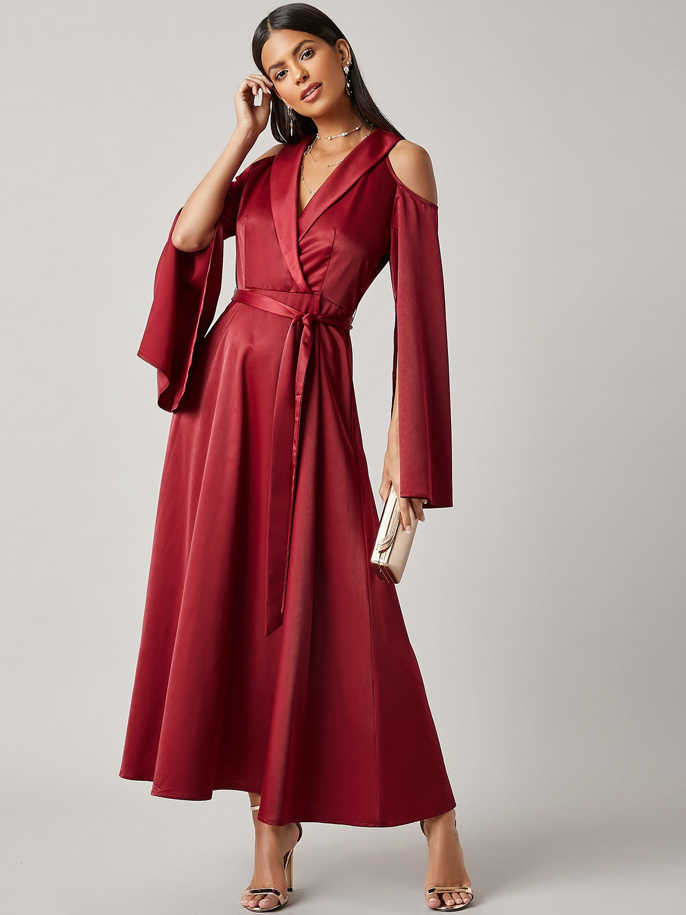 SHEIN Shawl Collar Cold Shoulder Split Sleeve Belted Satin Dress | SHEIN