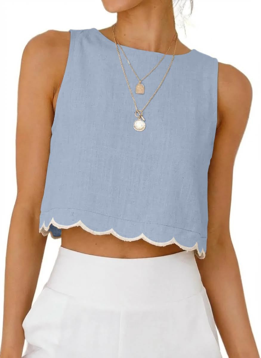 IDEALSANXUN Womens High Neck Linen Tank Tops Spring Summer Scallop Hem Cropped Sleeveless Shirts Blouses | Amazon (US)