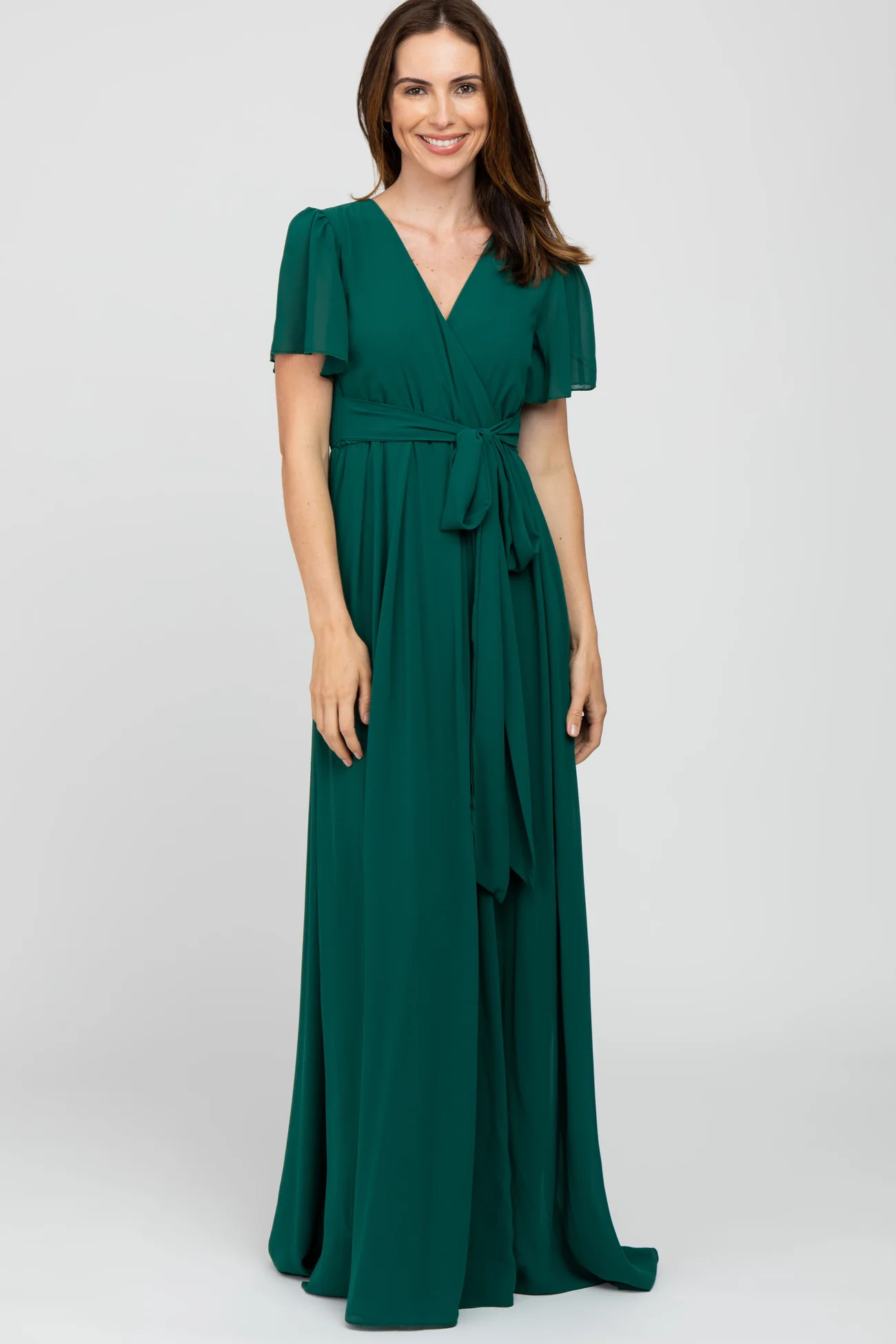 Teal Chiffon Short Sleeve Front Slit Maxi Dress | PinkBlush Maternity