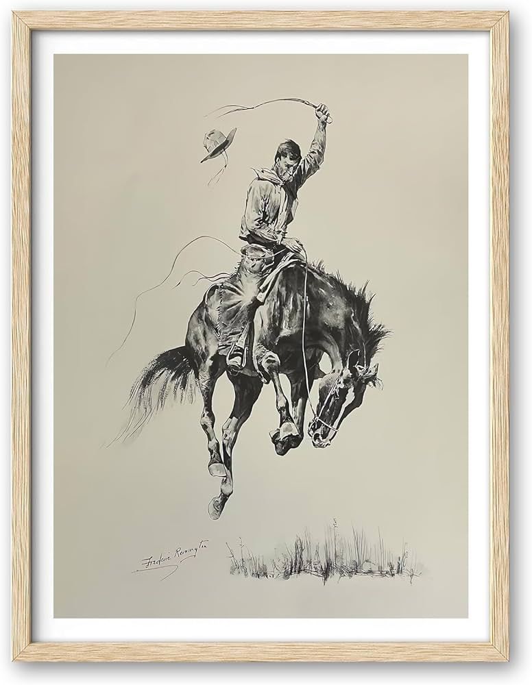 iHery Natural OAK Wood Black White Western Cowboy Framed Wall Art, 12x16 in Vintage Riding Sketch... | Amazon (US)