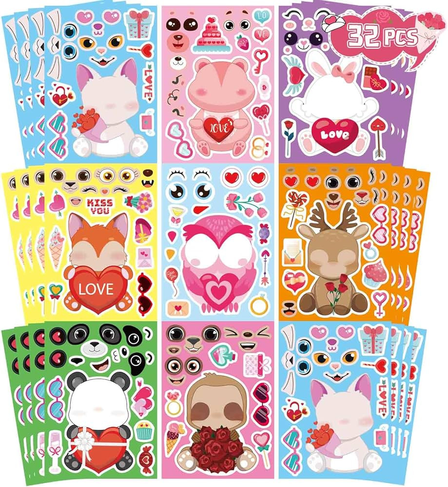 32 Sheets Valentine Stickers for Kids, Valentine's Day Make a Face Stickers, Make Your Own Sticke... | Amazon (US)