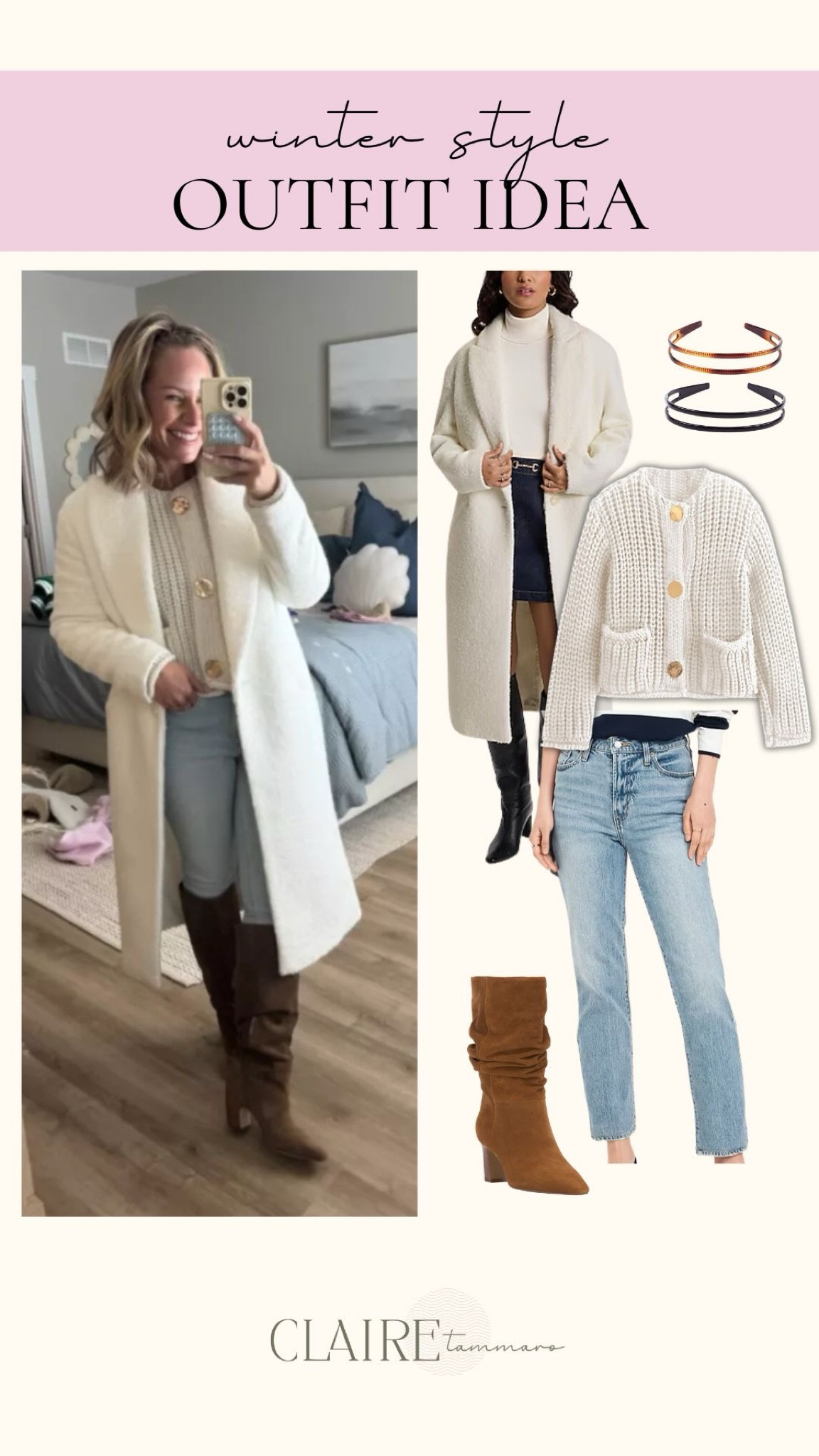 The perfect winter outfit! Could even wear to work or swap out the denim for slacks to elevate it✨

winter outfit idea, long blazer, long white blazer, express blazer, old navy denim, skinny jeans, tall boots, nordstrom boots, shoe sale, boots on sale, amazon sweater, sweater under $35, Claire Tammaro 


#LTKWatchNow #LTKStyleTip #LTKFindsUnder50