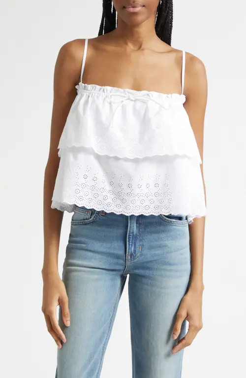 Veronica Beard Oseanna Tiered Embroidered Cotton Top in White at Nordstrom, Size Medium | Nordstrom