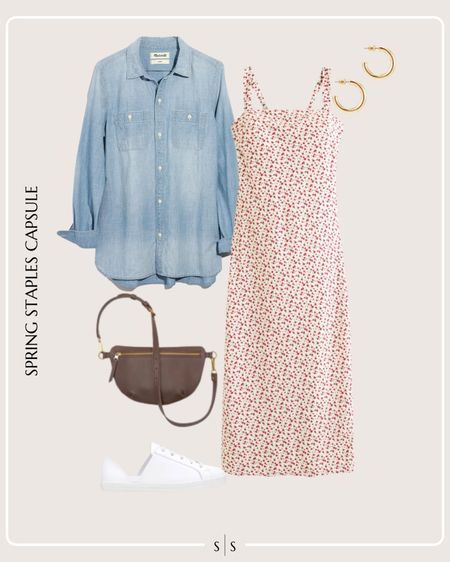 Spring Staples Capsule Wardrobe outfit idea | floral midi dress, chambray denim shirt, white sneakers, hands free sling bag, gold jewelry hoops

See the entire staples capsule on thesarahstories.com ✨ 


#LTKstyletip