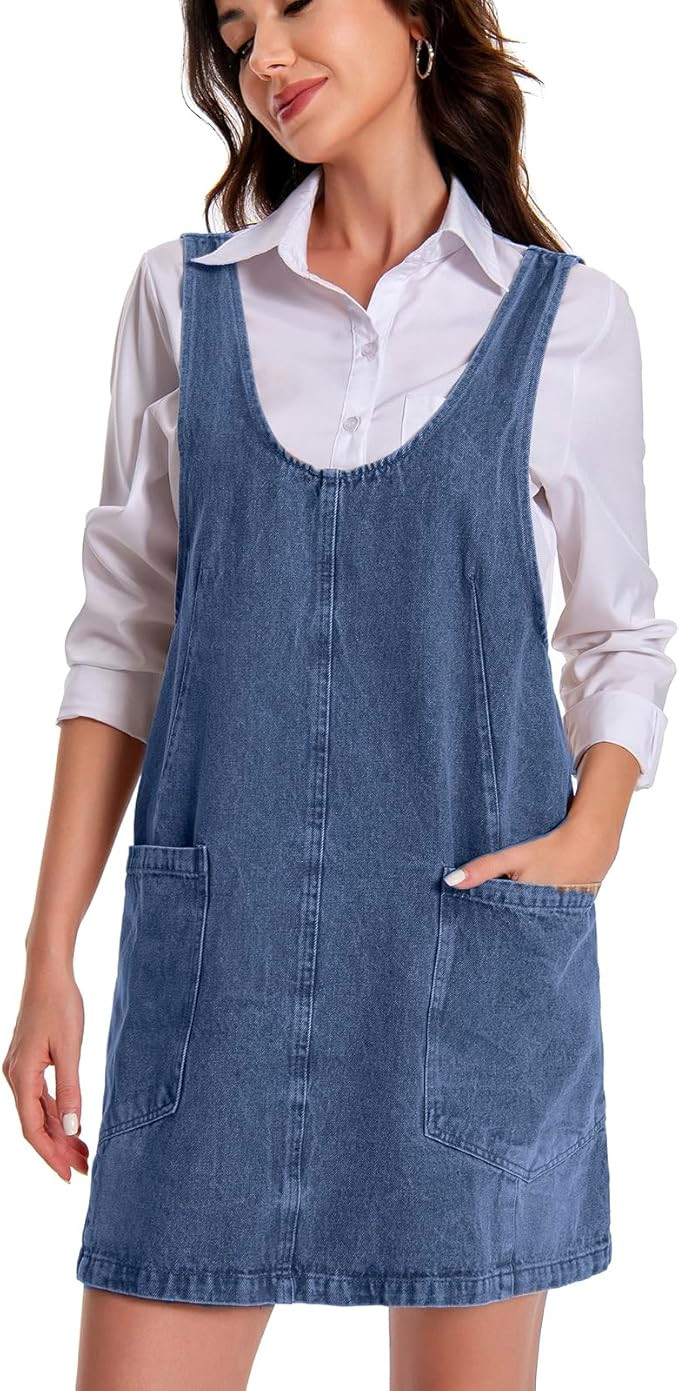 Denim Overall Dress for Women Jean High Roller Skirtall Fashion Casual Sleeveless Mini Dresses Ju... | Amazon (US)