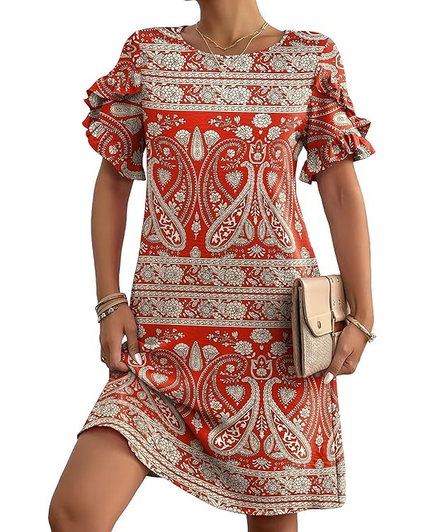 HOTOUCH Womens Summer Dress 2024 Short Sleeve A-Line Mini Dress Casual Crew Neck Shift Dress Beac... | Amazon (US)