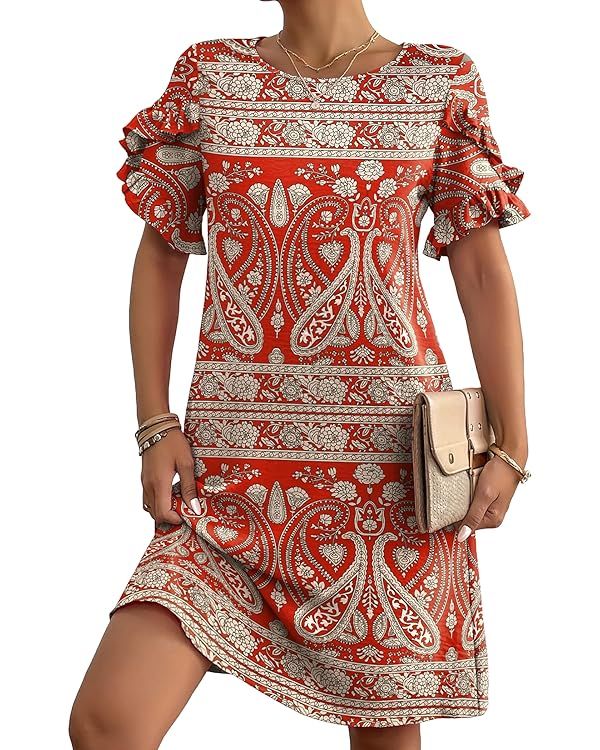 HOTOUCH Womens Summer Dress 2024 Short Sleeve A-Line Mini Dress Casual Crew Neck Shift Dress Beac... | Amazon (US)