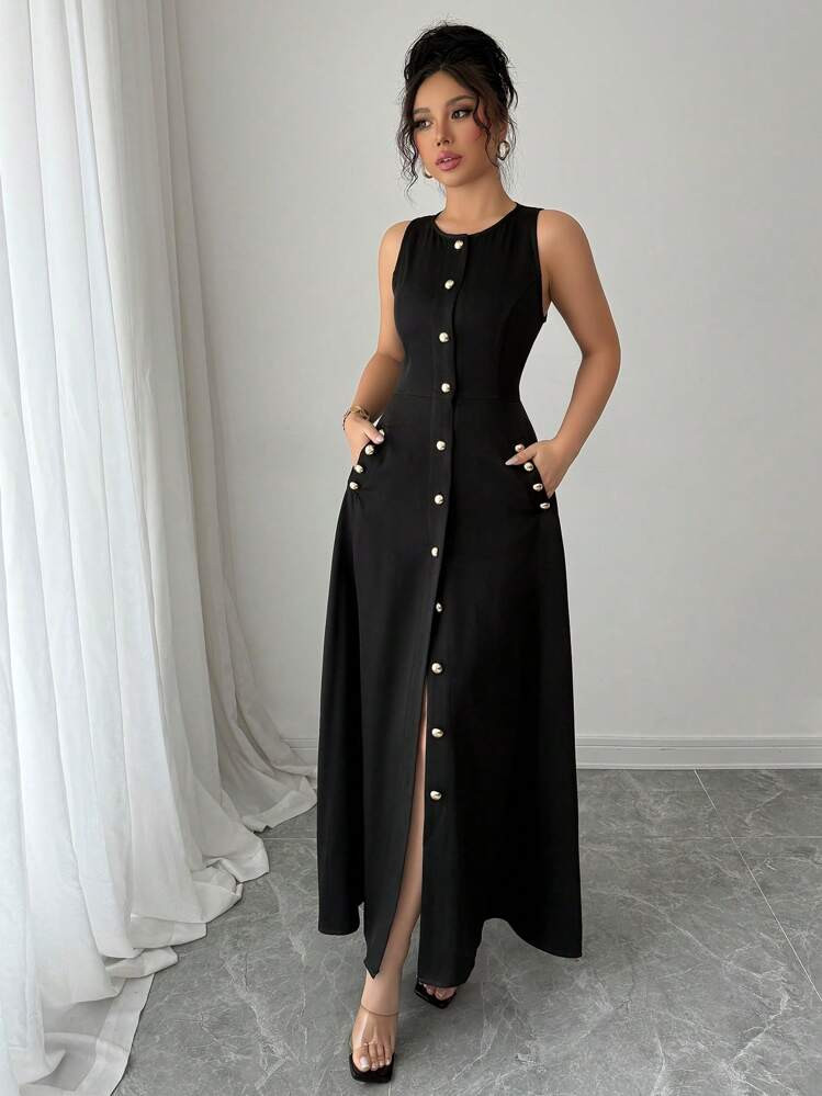 Elenzga Women's Solid Color Single Breasted Pocketed Sleeveless Casual Mid-Length Dress | SHEIN