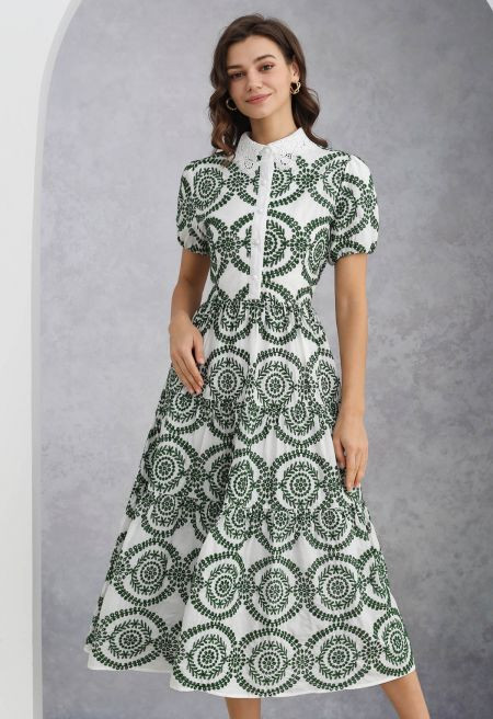 Crochet Collar Green Embroidered Eyelet Cotton Dress | Chicwish