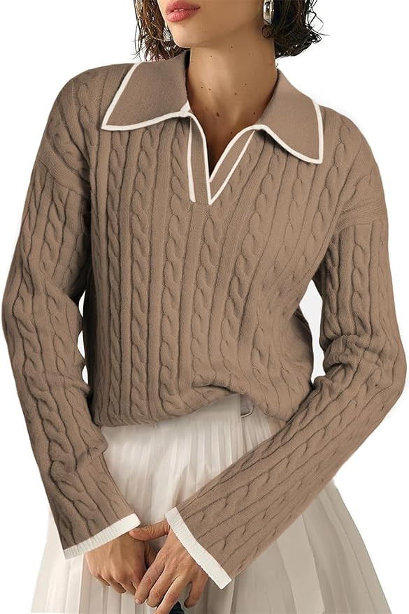 EVALESS Womens Cable Long Sleeve Sweaters Tops Color Block Lapel V Neck Knit Casual Soft Pullover... | Amazon (US)