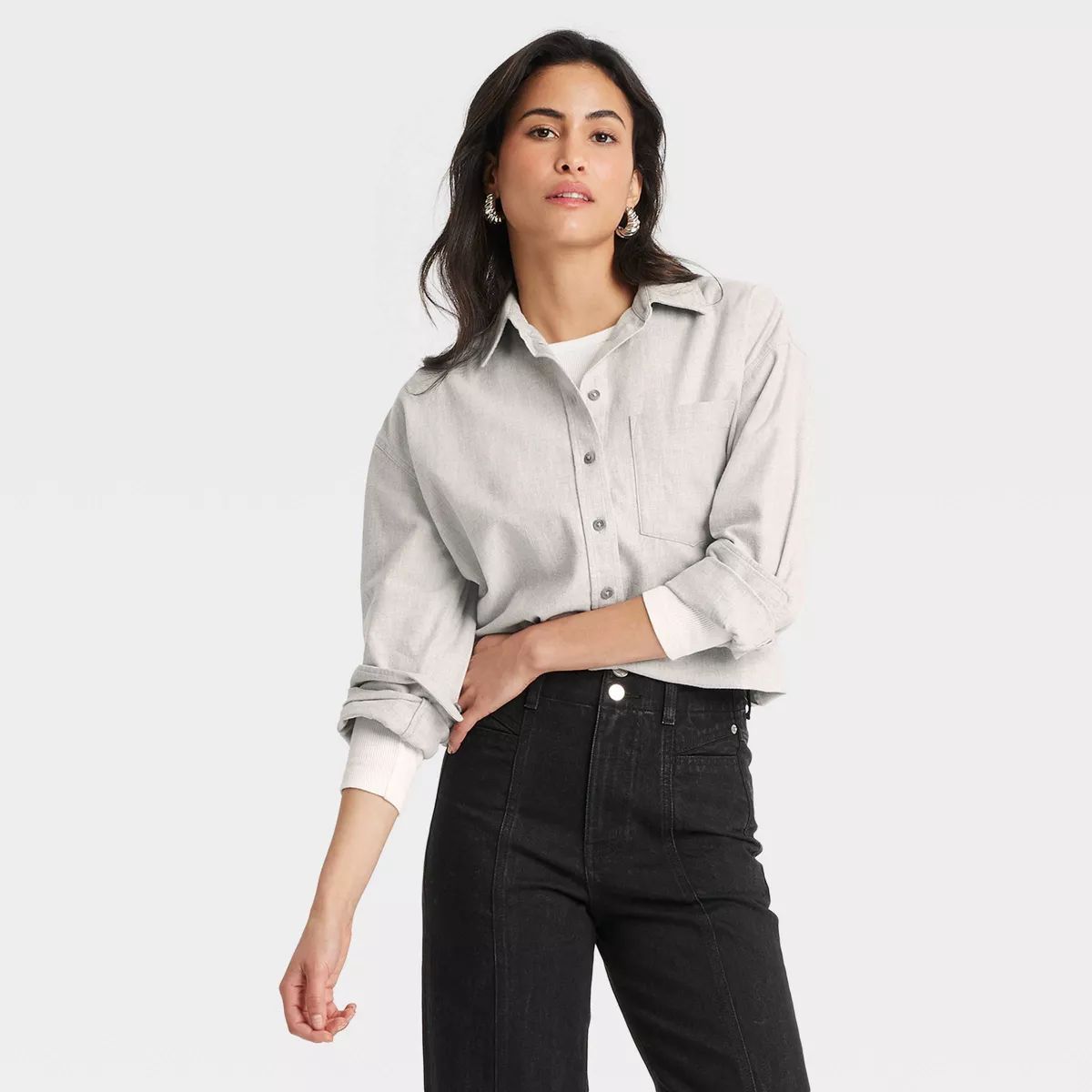 Women's Oversized Flannel Long Sleeve Collared Button-Down Shirt - Universal Thread™ Gray S | Target