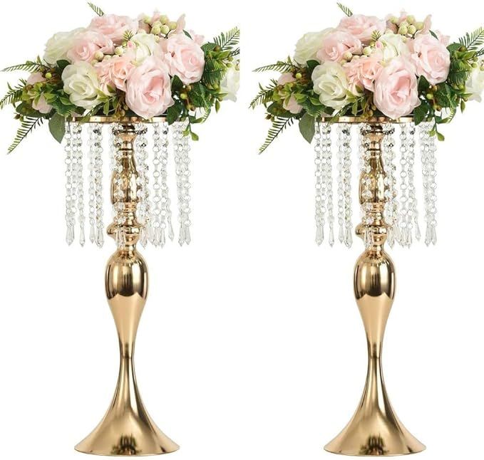 LANLONG Set of 2 Crystal Centerpieces for Tables Gold Metal Flower Vase Stand for Wedding Party R... | Amazon (US)
