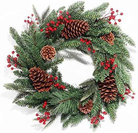 Umart Christmas Wreaths for Front Door, 24 Inches Artificial Pine Cones Christmas Wreath, Red Ber... | Amazon (US)
