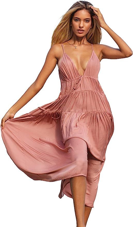 CUPSHE Women's Plunge Neck Tiered Maxi Dress | Amazon (US)