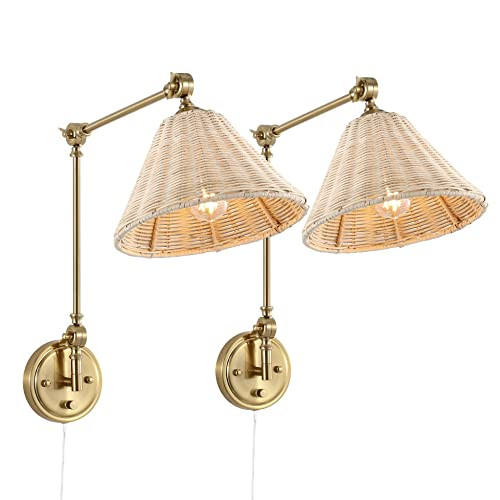 WINGBO Wall Sconce Rattan Wrapped Wall Lamp, Large Lampshade, Adjustable Swing Arm Wall Light Gol... | Amazon (US)