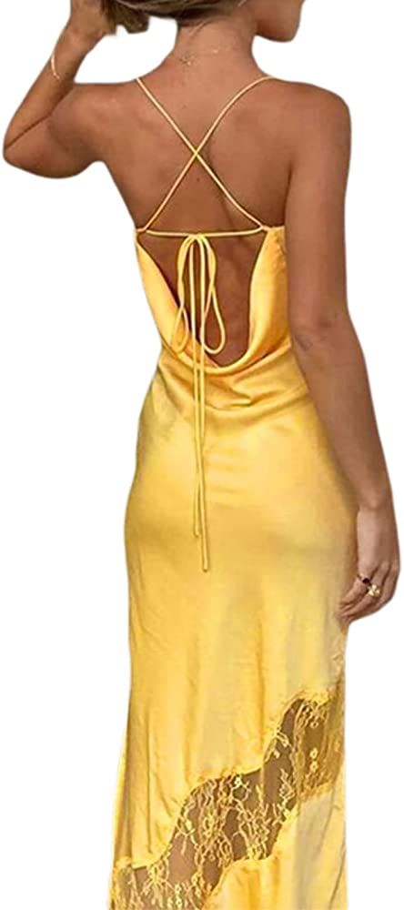 Yuemengxuan Women Sexy Backless Lace up Maxi Dress Elegant Spaghetti Strap Hollow Out Long Dress ... | Amazon (US)