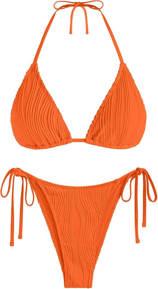 ZAFUL Textured Halter Bikini for Women 2 Piece Triangle Bikini Sets Sexy High Cut Bathing Suit Si... | Amazon (US)