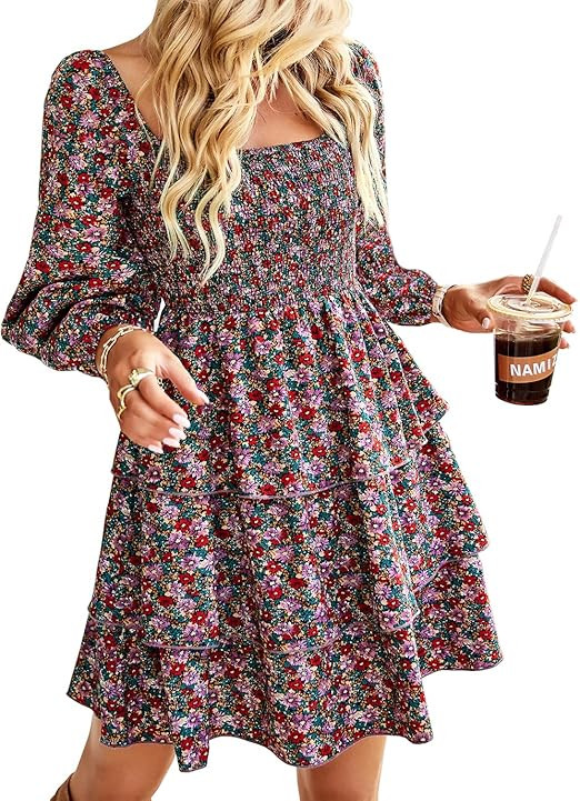 BTFBM Women's Square Neck Smocked Dresses Long Sleeve High Waist Floral Swiss Dot Flowy Babydoll ... | Amazon (US)