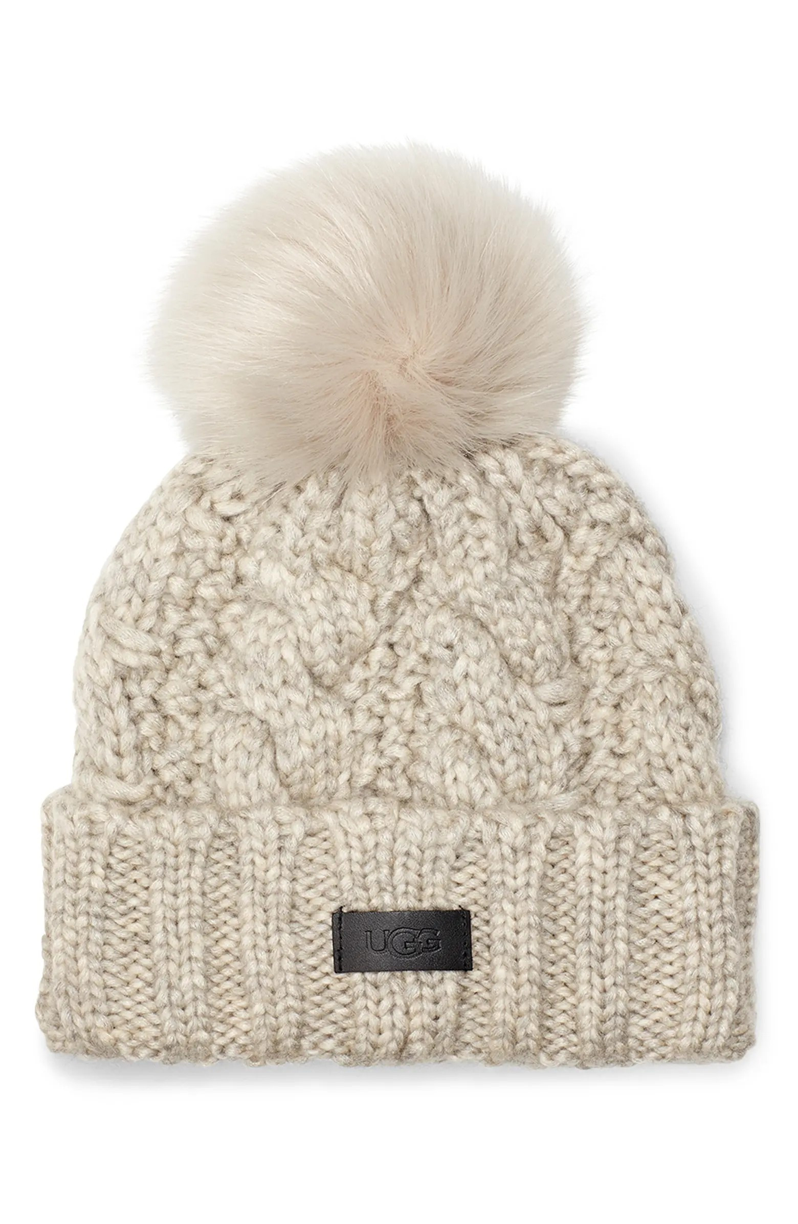 Cable Knit Beanie with Faux Fur Pom | Nordstrom