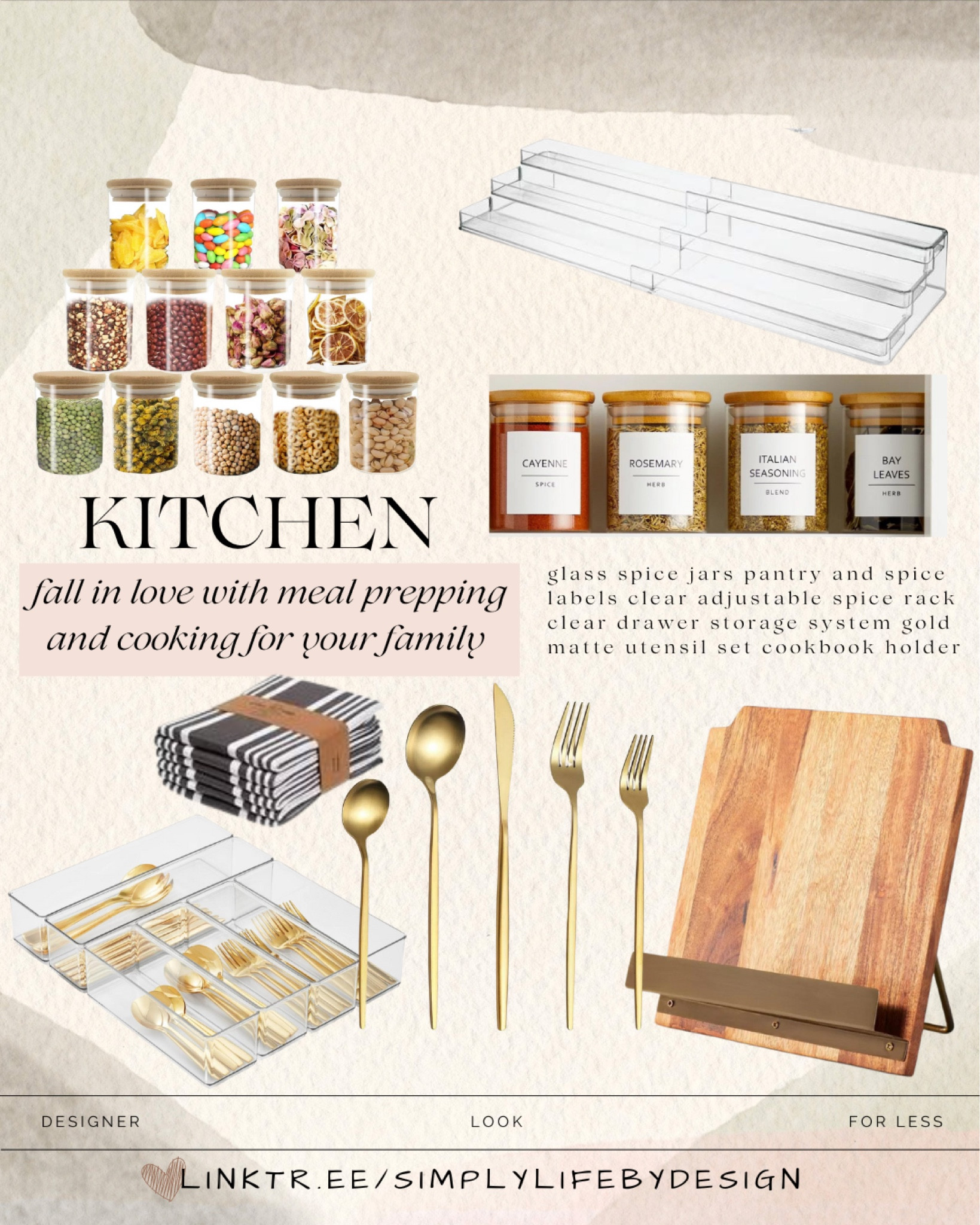 Wal-Mart, Target, and Amazon kitchen edit. 

These are some of my favorites I have and love in our kitchen. 

glass spice jars pantry and spice labels clear adjustable spice rack  clear drawer storage system gold matte utensil set cookbook holder kitchen towels 

#LTKhome #LTKsalealert #LTKstyletip