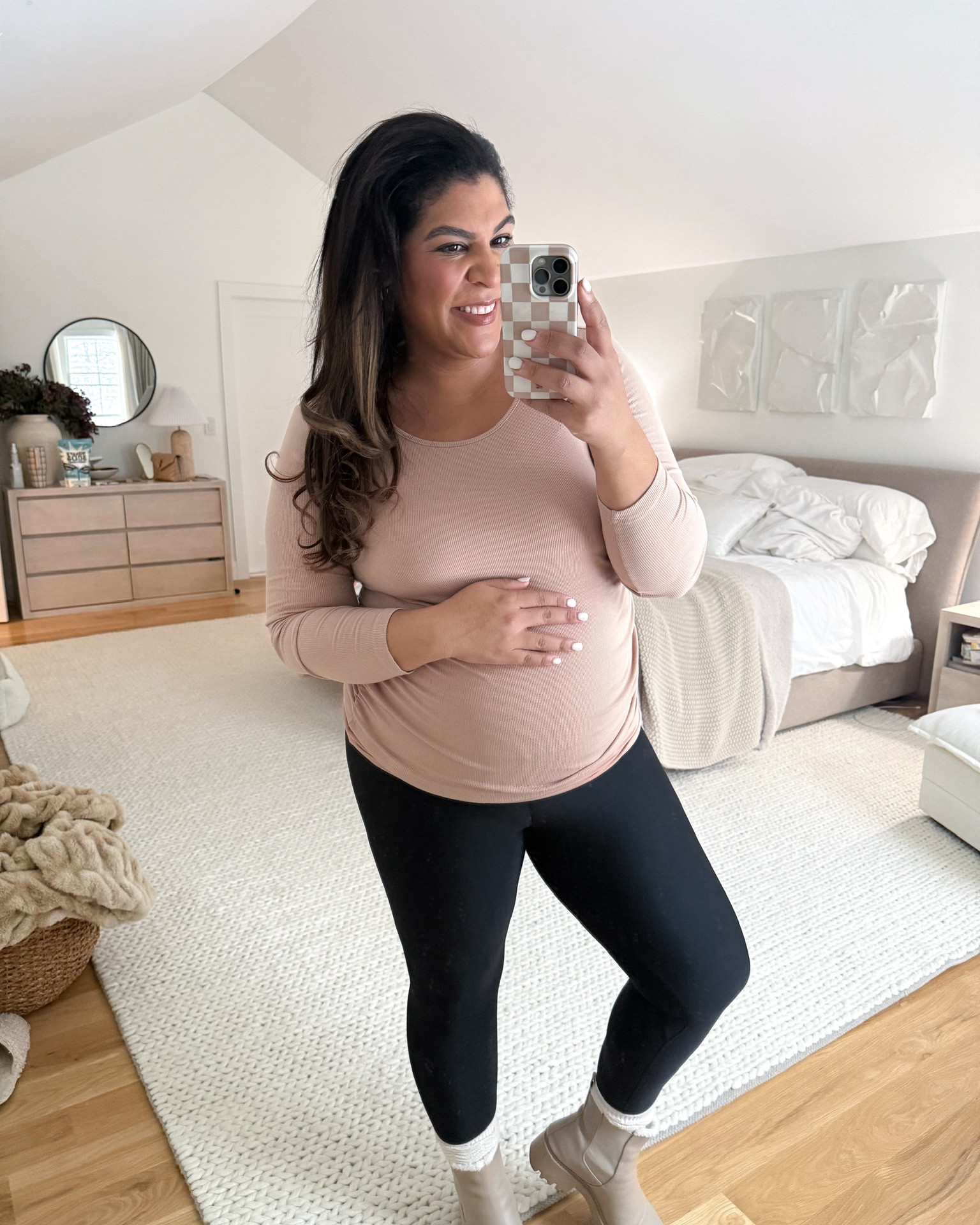 This maternity top is the perfect neutral top! I love a basic look! I’m 5’9” size 12/xl 26 weeks pregnant wearing size xl in the top, L in leggings and boots fit TTS! 

#LTKMidsize #LTKBump #LTKootd