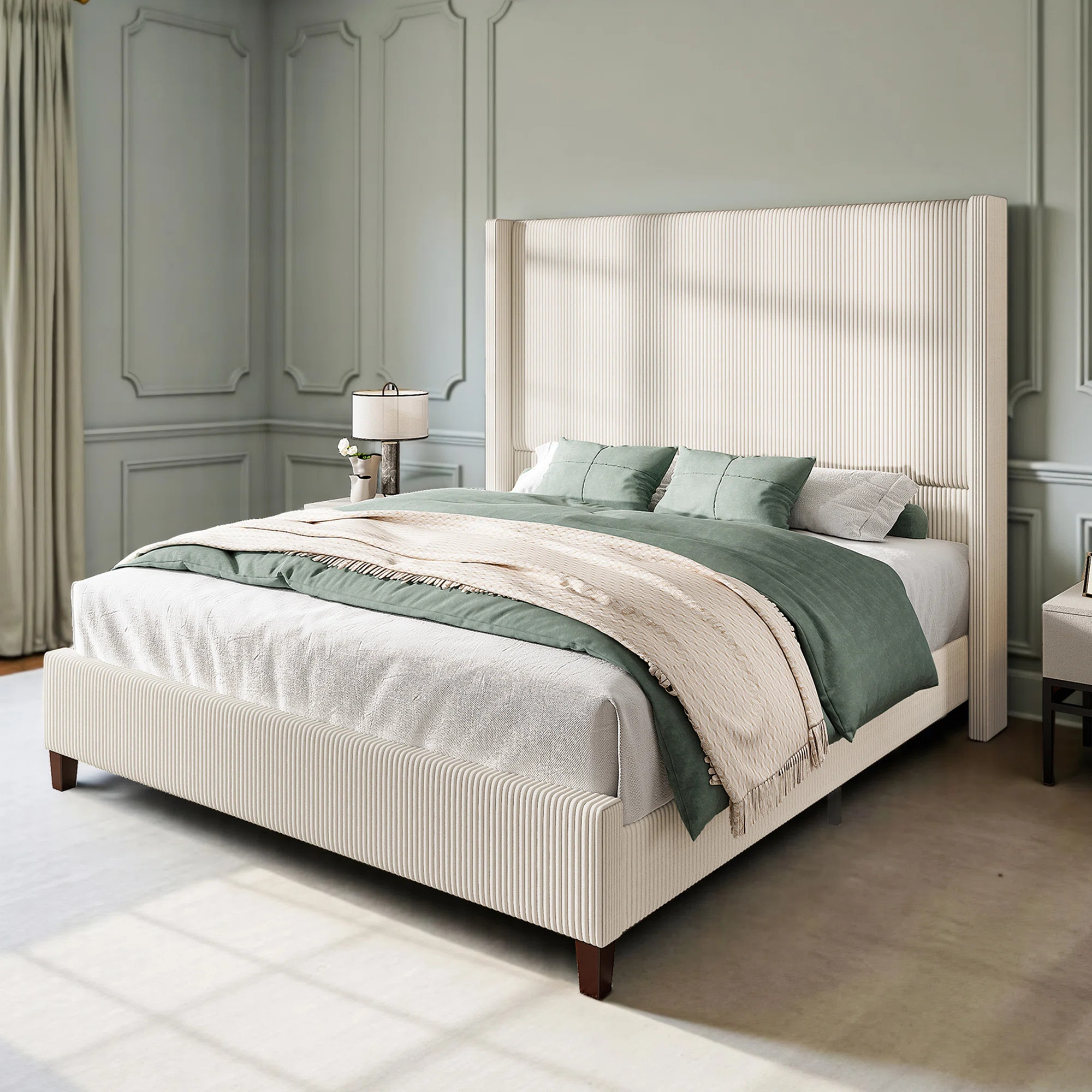 Dunwoody Upholstered Wingback Queen Size Platform Bed,Cream | Wayfair North America