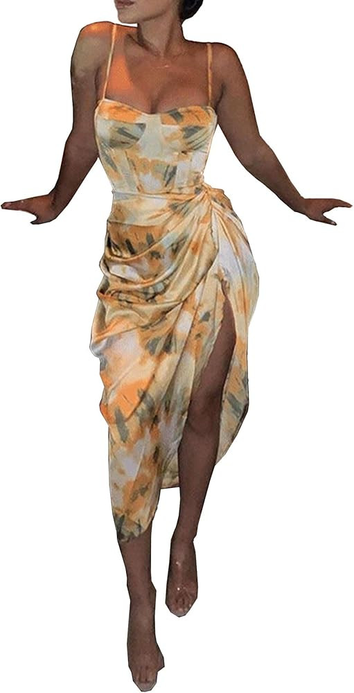 xxxiticat Women's Ruched Abstract Print Satin Dress Sleeveless Spaghetti Straps Pineapple High Sp... | Amazon (US)