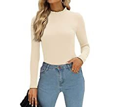 PINKMSTYLE Womens Long Sleeve Ruffle Mock Neck Bodysuit Jumpsuit Ribbed Slim Fit Tops Business Ca... | Amazon (US)