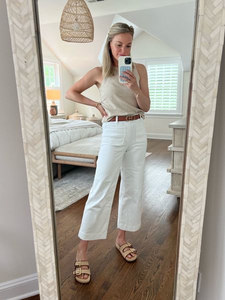 casual summer outfit 
-small tank
-white wide leg jeans fit tts & so comfy! (small/26) and 10% off with code KENDALLXSPANX 
-sandals fit tts
-small reversible belt 

#LTKFindsUnder100 #LTKSummerSales #LTKStyleTip