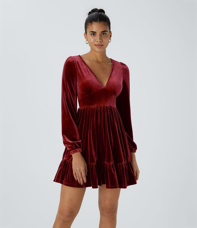 Women’s Everyday Deep V Neck Long Sleeve Ruffled Hem Velvet Mini Chill Party Dress - Halara | HALARA
