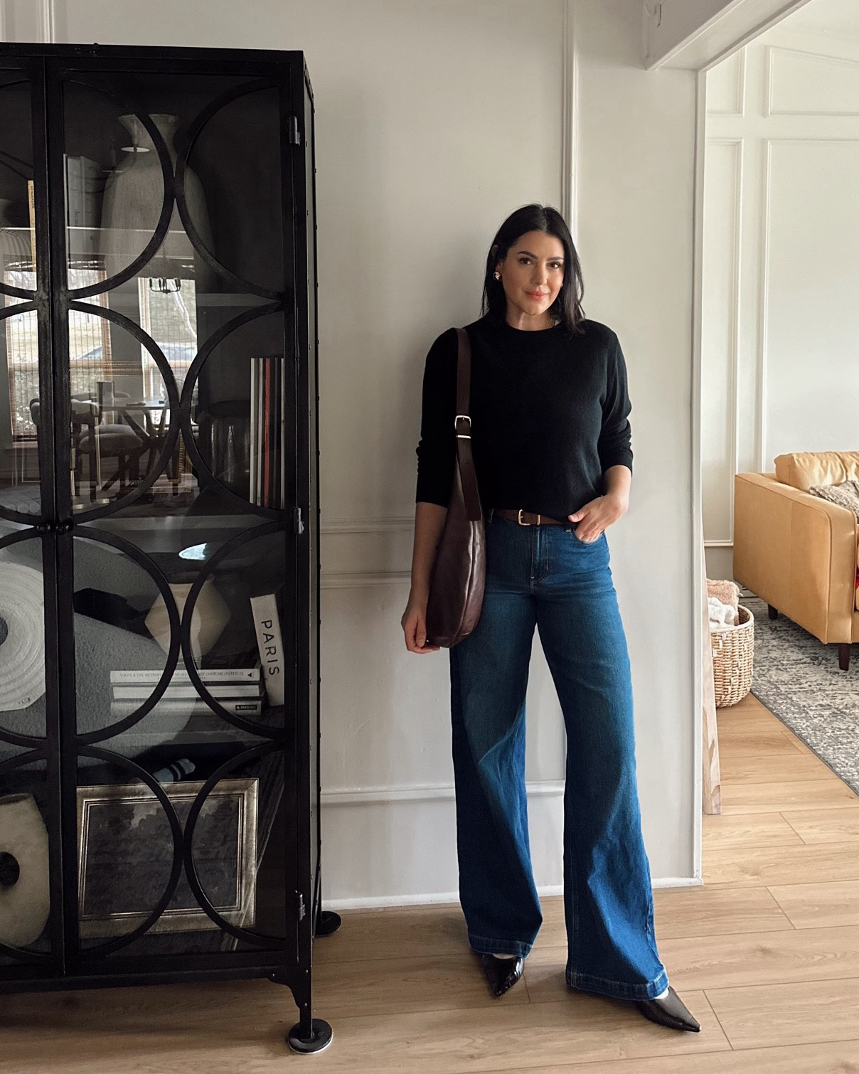 My cashmere sweater is only $50! I’m in the large, I like a looser fit so I size up. It’s a relaxed fit.

I’m in the 30 of the jeans, TTS fit. 