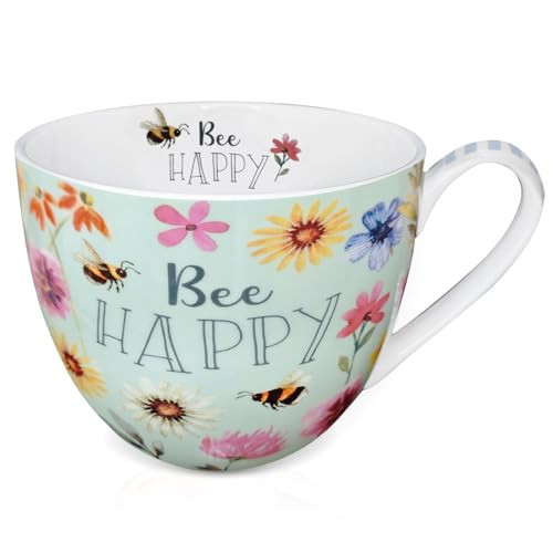 20 oz Bees & Flowers Coffee Hug Mug ,“Be Happy” Designed to Spread Joy, Premium Bone China, Perfect Holiday, Birthday, and Christmas Gift for Women, Designed in England by Harvest Green Studio | Amazon (US)