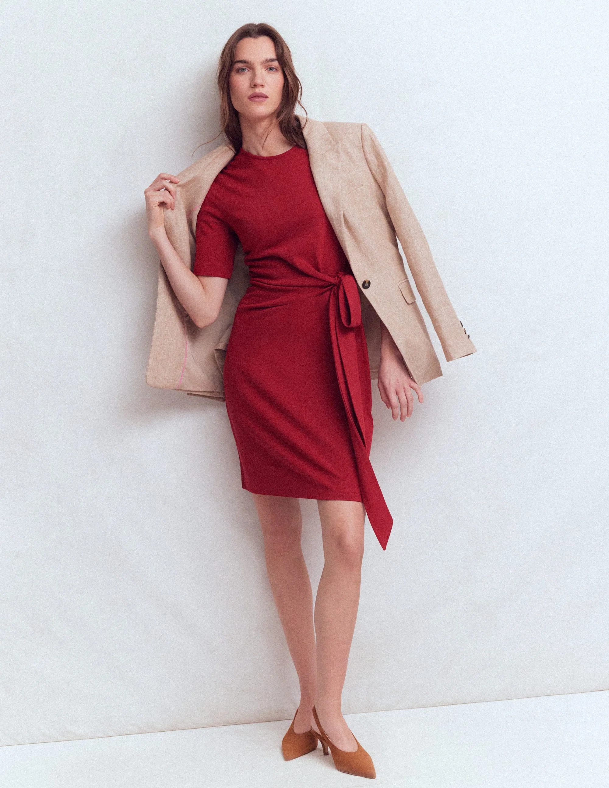 Zinnia Tie Jersey Short Dress-Rich Chestnut | Boden UK