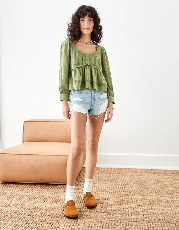 AE Long-Sleeve Babydoll Blouse | American Eagle Outfitters (US & CA)