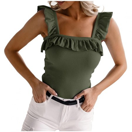 Womens Summer Sleeveless Corset Tops Ruffle Square Neck Solid Ribbed Tank Tops Camisole Sim Fit Sexy | Walmart (US)