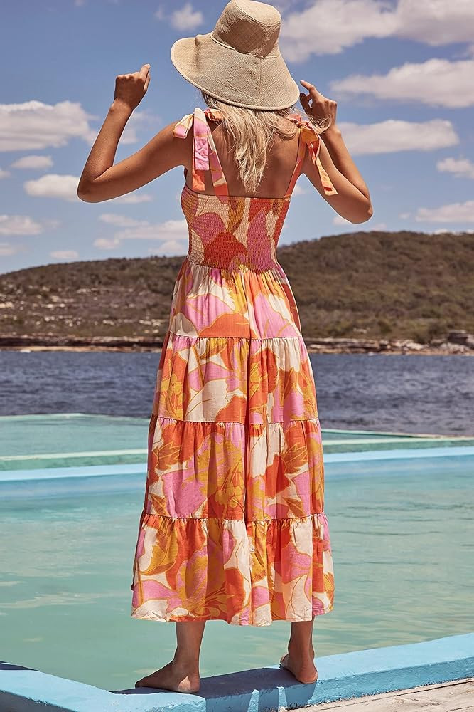 kinstell Women's Summer Boho Spaghetti Strap Square Neck Ruffle Casual Flowy Long Dress Beach Swing  | Amazon (US)