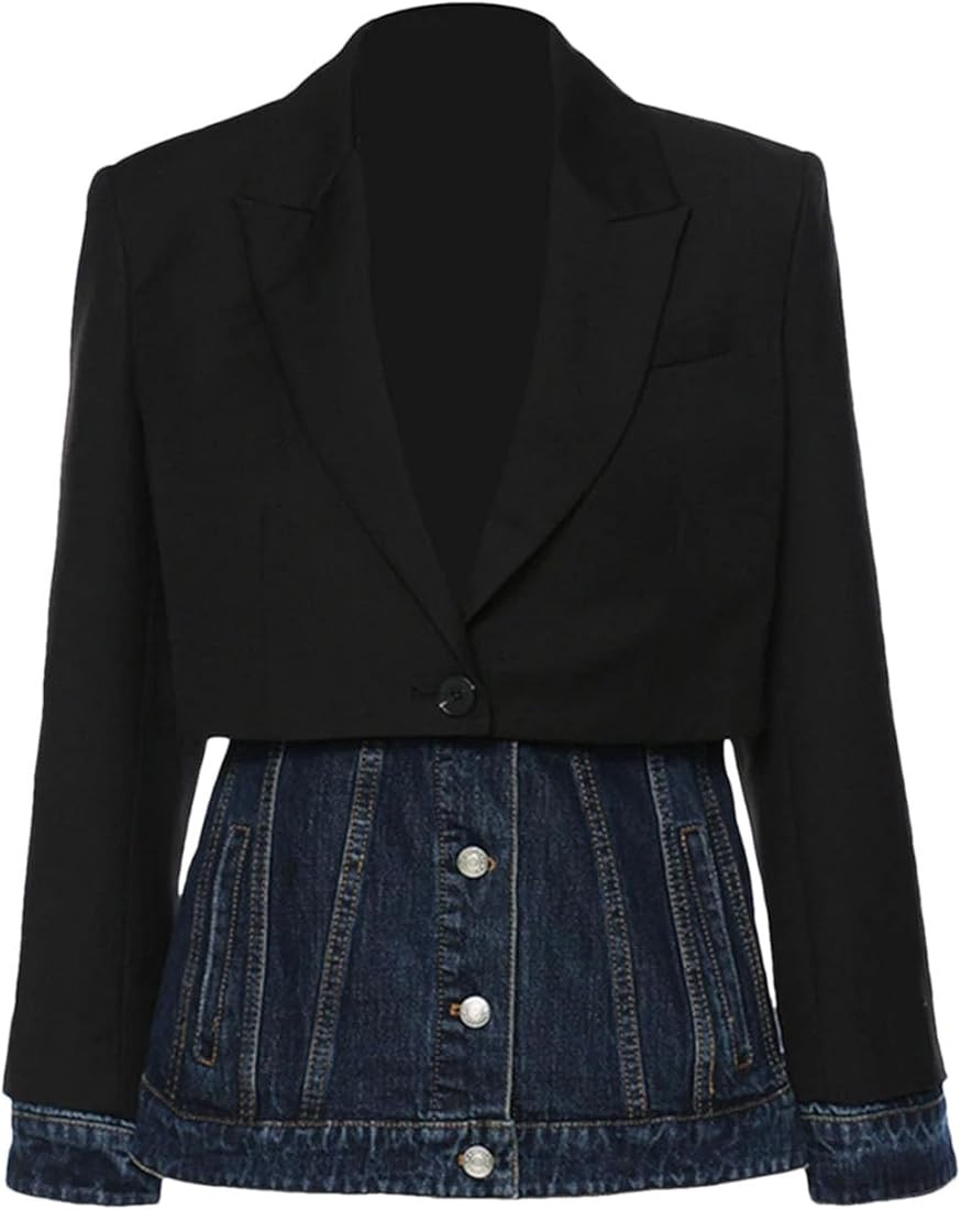 Women Denim Spliced Blazer Lapel Long Sleeve Loose Fit Jacket Buttons Spring Autumn Tops | Amazon (US)